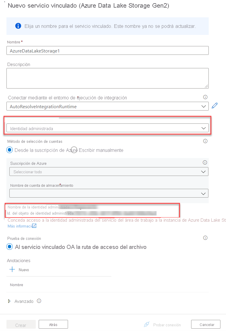 Configuración de la información de la identidad administrada en un servicio vinculado.