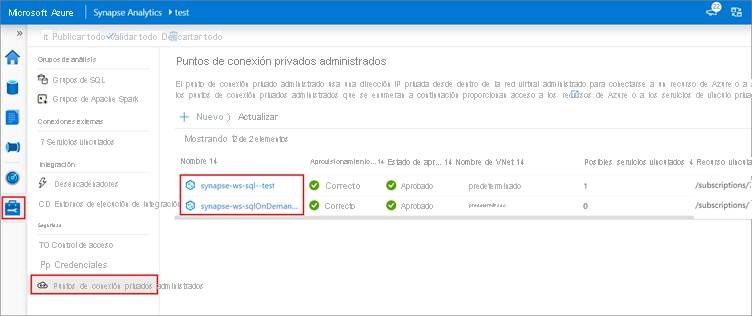 Adición de puntos de conexión privados administrados en Azure Synapse Studio.