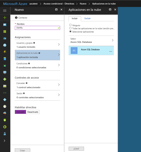 Selección del servicio en una directiva de acceso condicional en Azure Portal.