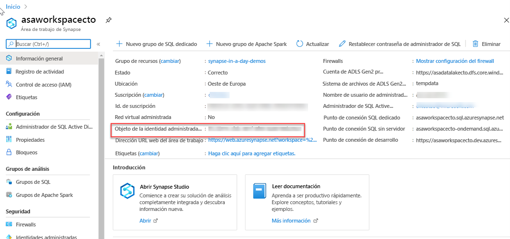 Visualización de la información de la identidad administrada en Azure Portal.