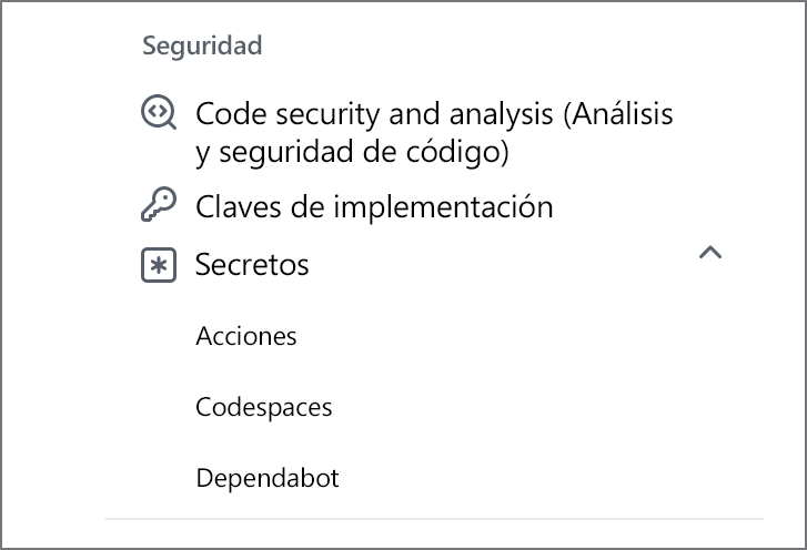 Captura de pantalla de la opción Secretos en la sección Seguridad.