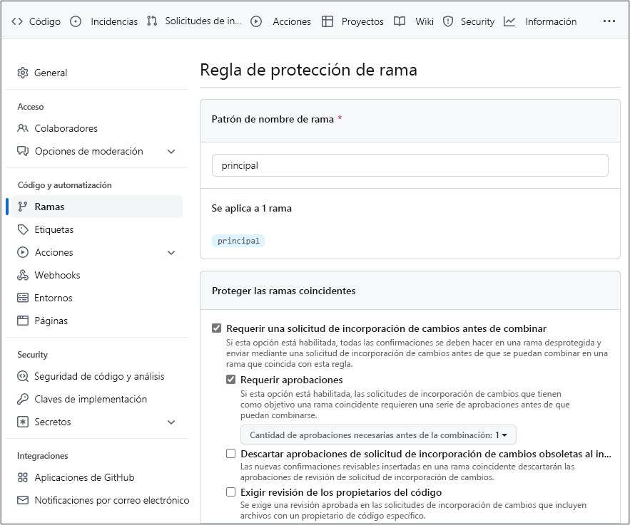 Captura de pantalla de la configuración de la regla de protección de rama en GitHub.