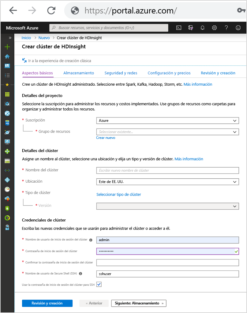 Captura de pantalla de la pestaña Aspectos básicos en la pantalla Crear clúster de HDInsight en Azure Portal