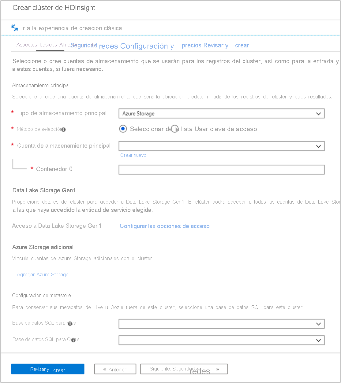 Captura de pantalla de la pestaña Almacenamiento en la pantalla Crear clúster de HDInsight en Azure Portal