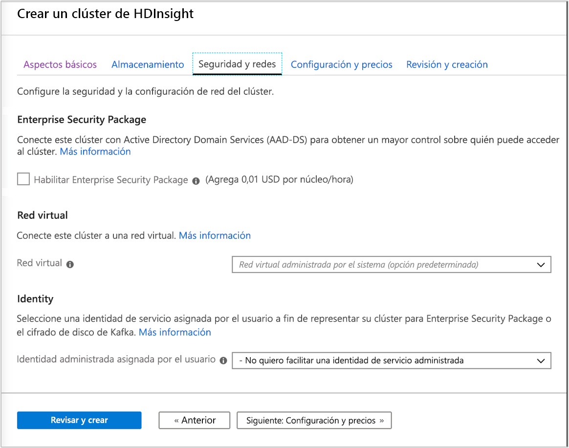 Captura de pantalla de la pestaña Seguridad y redes en la pantalla Crear clúster de HDInsight en Azure Portal