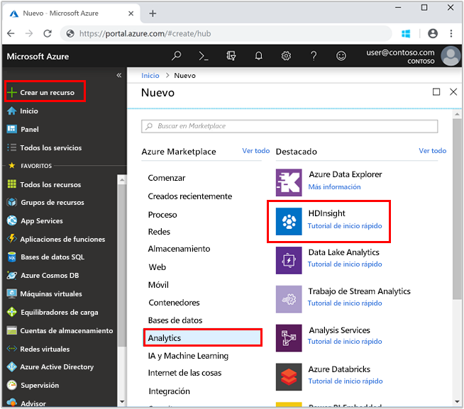 Captura de pantalla de cómo crear un clúster de Azure HDInsight en Azure Portal