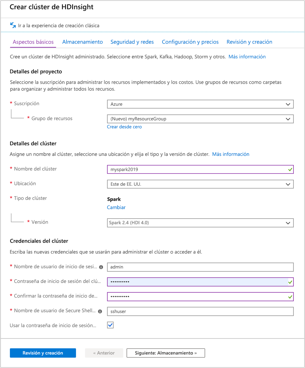 Captura de pantalla de la pestaña Aspectos básicos en la pantalla Crear clúster de HDInsight en Azure Portal