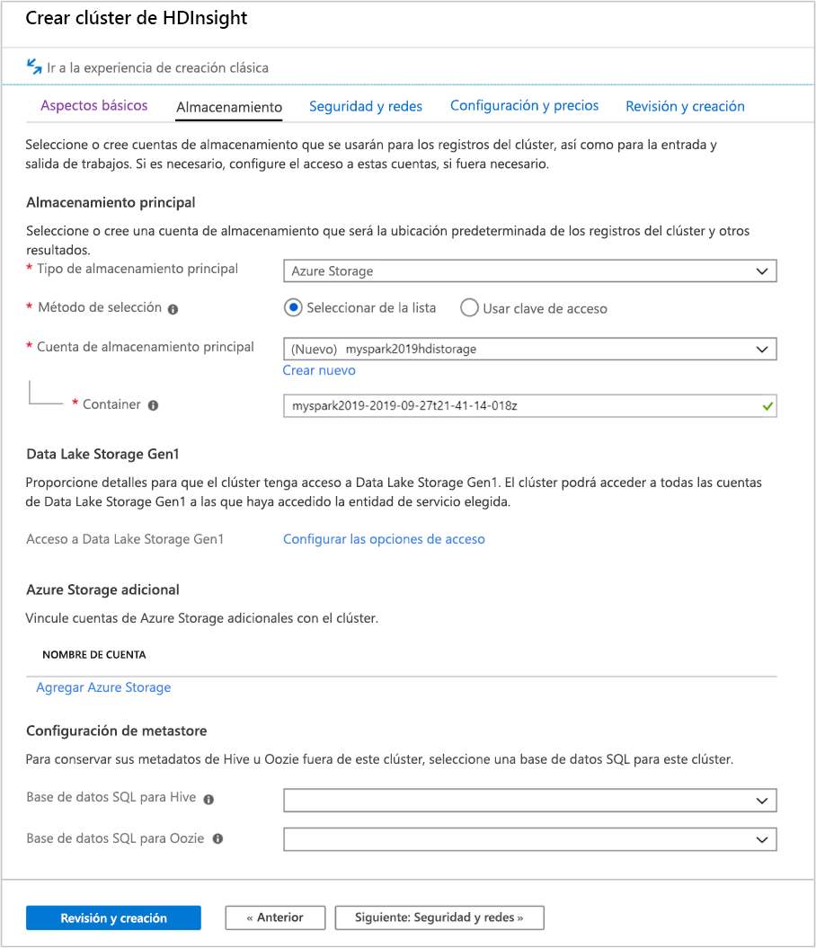 Captura de pantalla de la pestaña Almacenamiento en la pantalla Crear clúster de HDInsight en Azure Portal