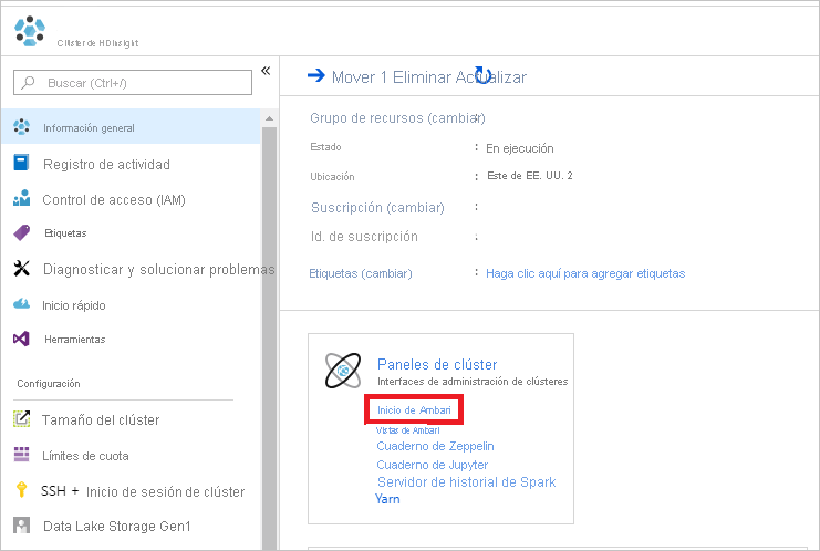 Acceso a Apache Ambari desde Azure Portal