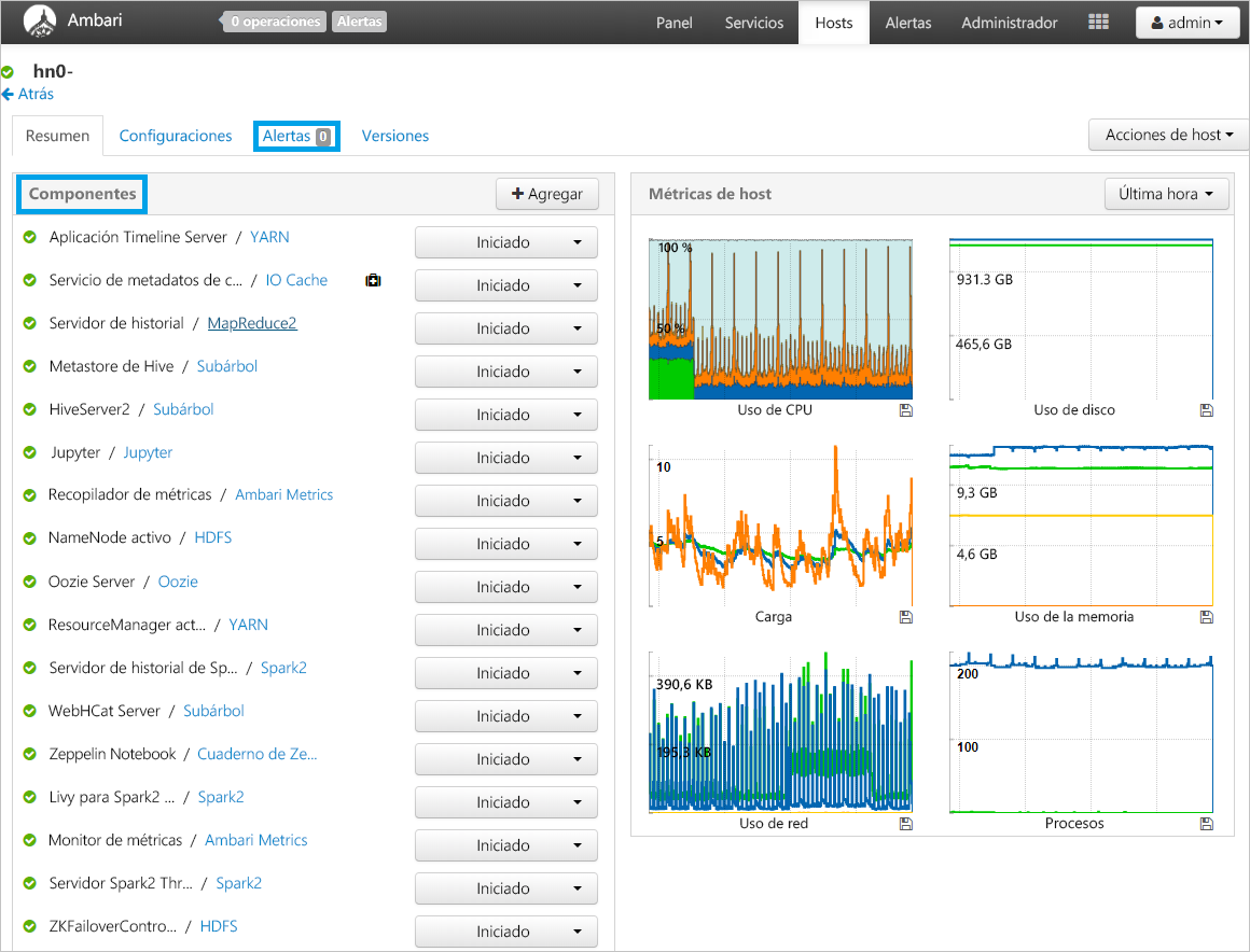 Acceso al métricas de host de Apache Ambari