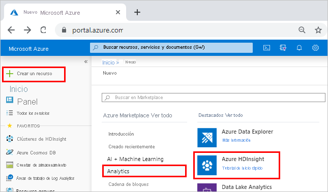 Captura de pantalla en la que se muestra Azure Portal con Crear un recurso, Análisis y Azure HD Insight resaltados.