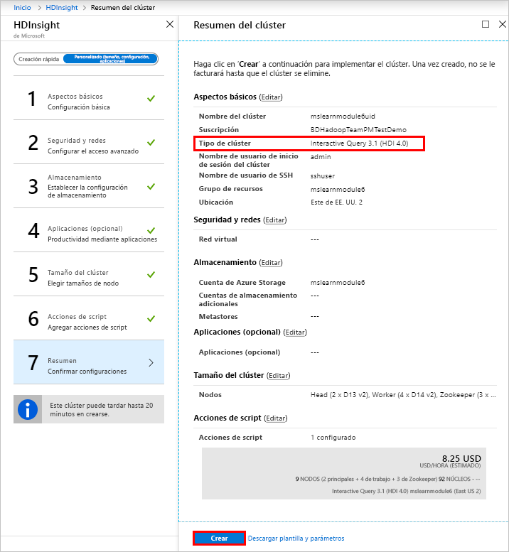 Página de resumen de HDInsight en Azure Portal.