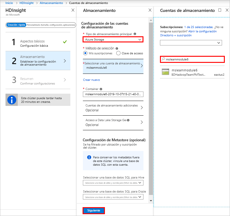 Página Almacenamiento en Azure Portal.