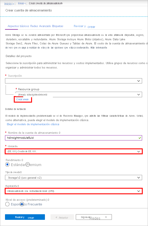 Pestaña Aspectos básicos de HDInsight en Azure Portal.