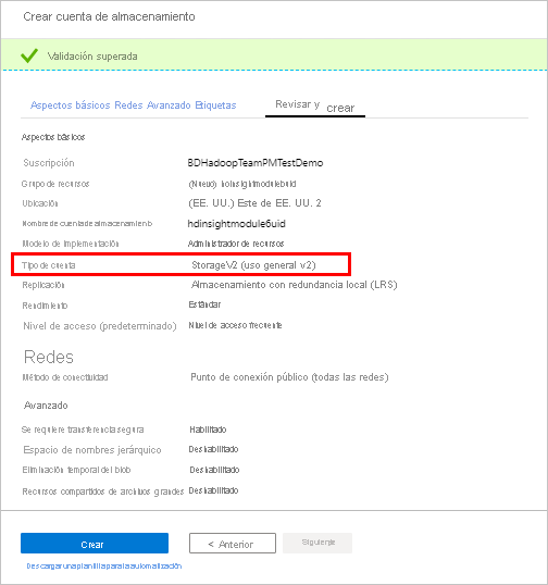 Pantalla de revisión de HDInsight en Azure Portal