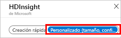 Captura de pantalla en la que se muestra la página HD Insight con Personalizado resaltado.