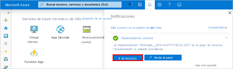 Pantalla de implementación correcta de HDInsight en Azure Portal.