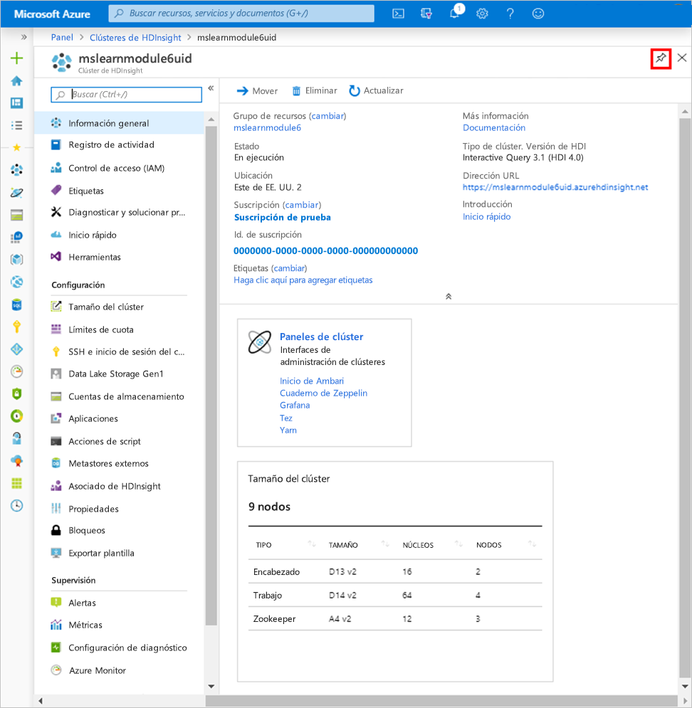 Pantalla de información general de HDInsight en Azure Portal.