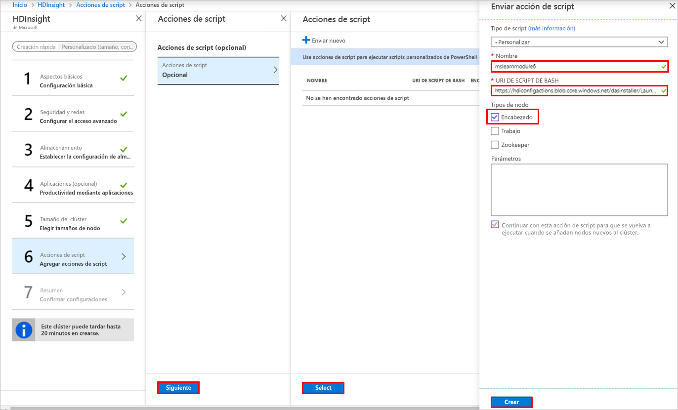 Página de acciones de script en Azure Portal.