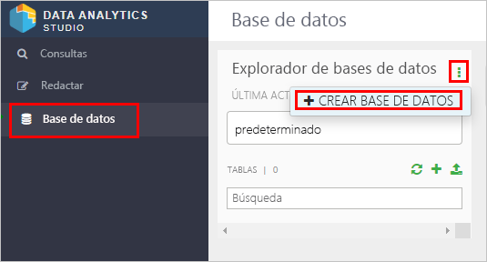 A screenshot of the Create Database button in the Data Analytics Studio application