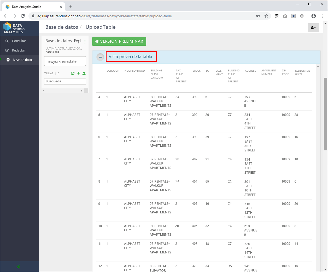 Table preview in the Data Analytics Studio application