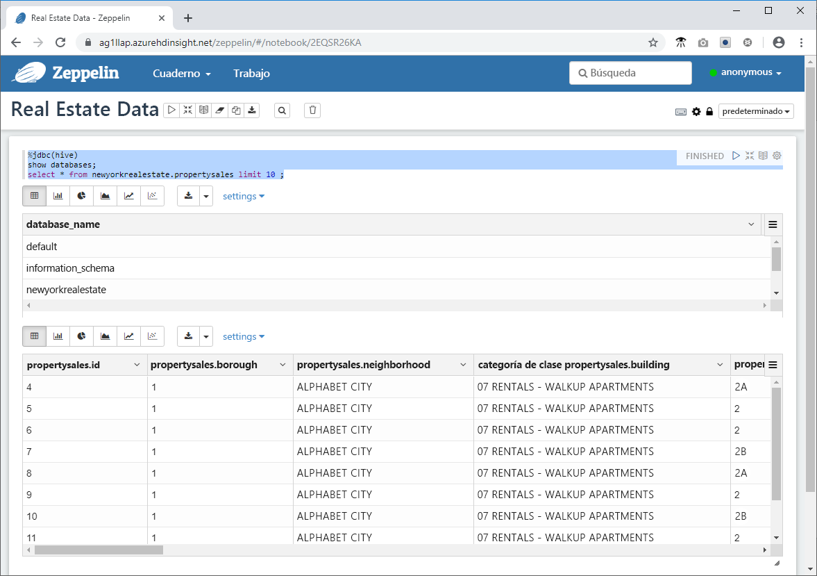 Viewing Query results in a Zeppelin Notebook in the Azure portal