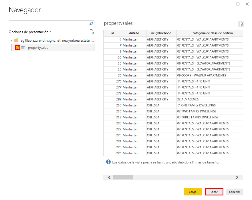 Pantalla Navegador de Power BI