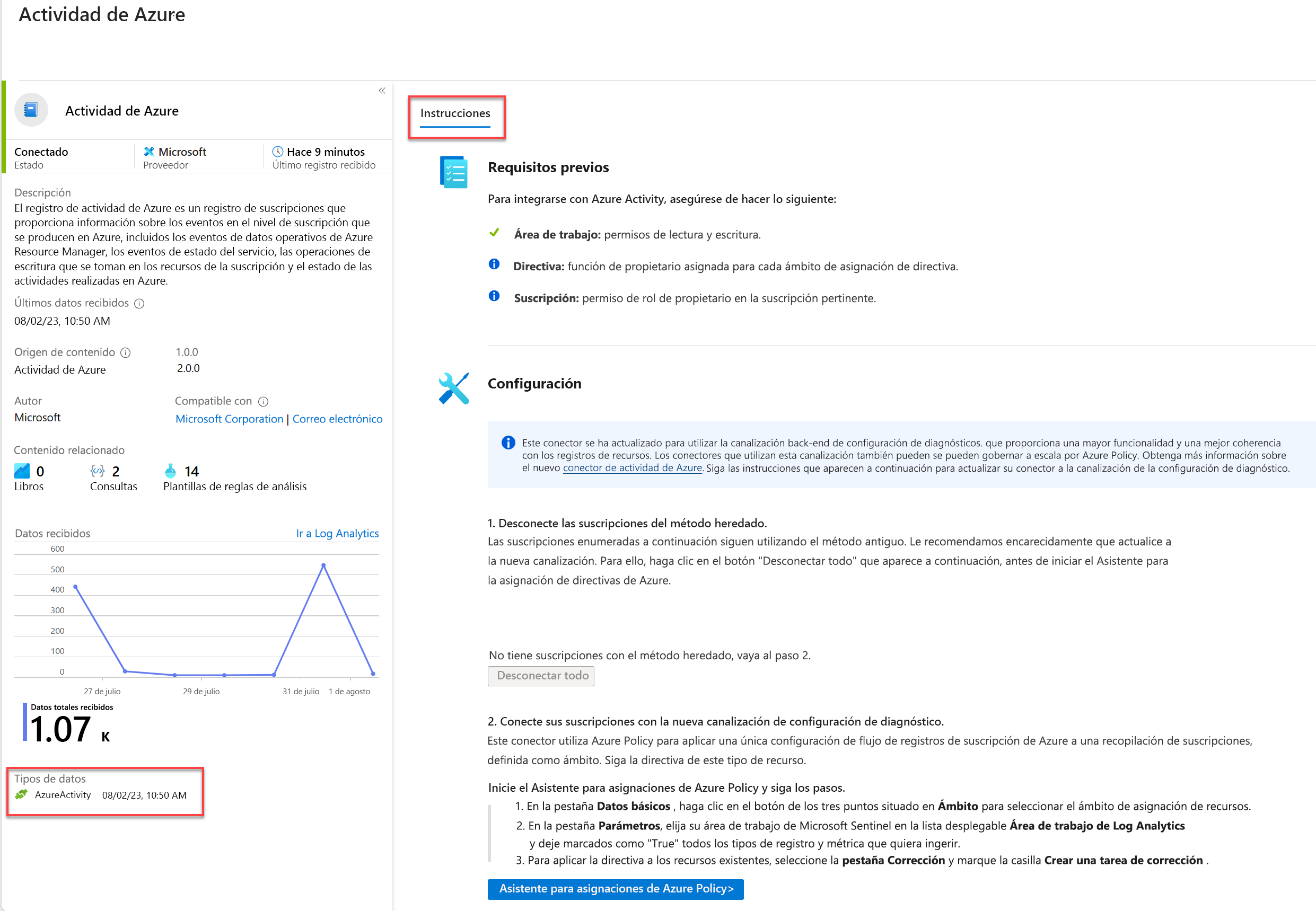 Screen shot of Microsoft Sentinel Detailed Connector Page.