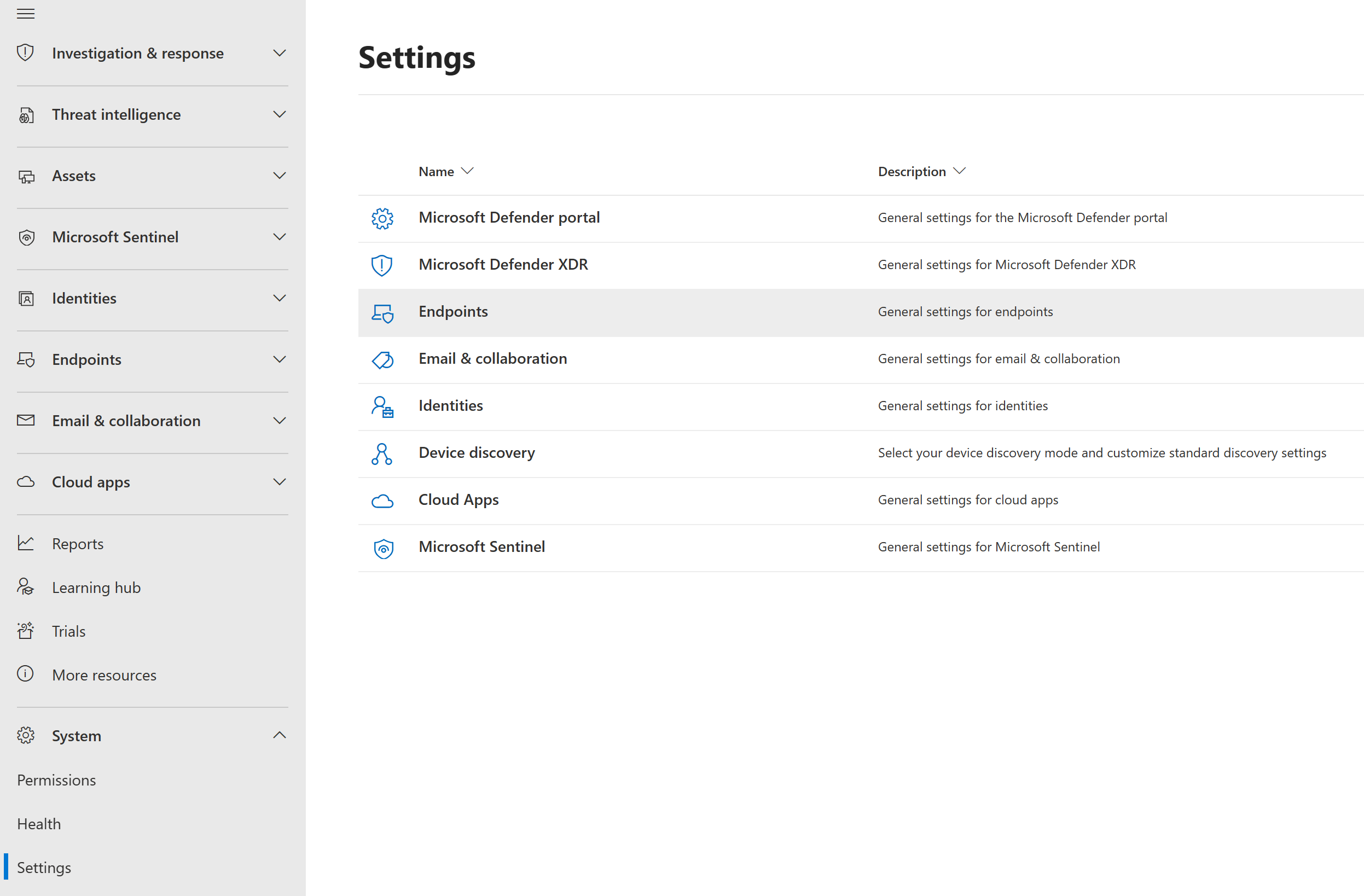 Captura de pantalla de la configuración y puntos de conexión de Microsoft Defender XDR