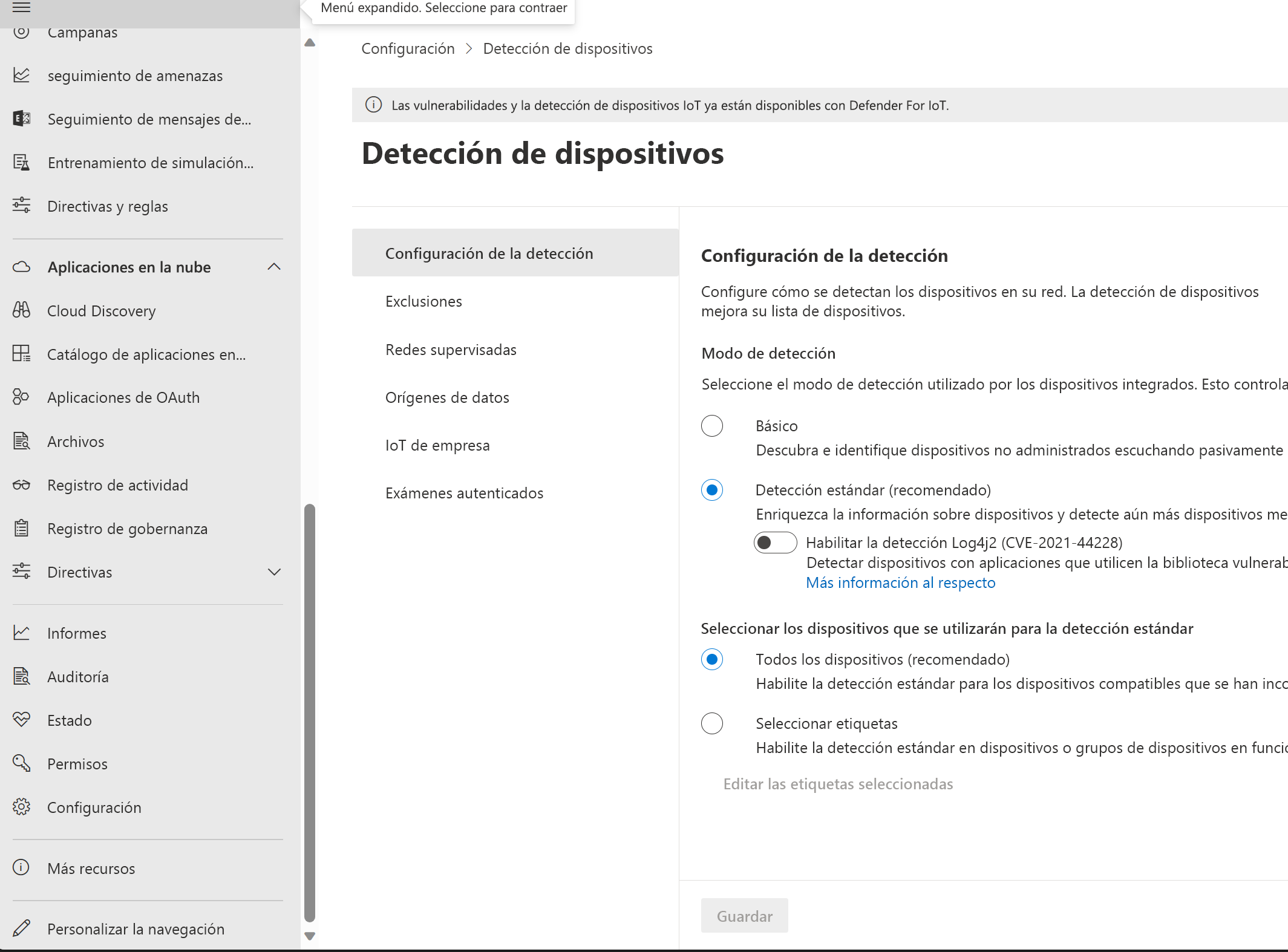 Captura de pantalla de las opciones de configuración de Detección de dispositivos.