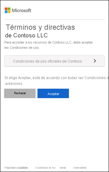 Captura de pantalla de una notificación de condiciones de uso. El usuario debe aceptar las condiciones de uso para continuar o rechazarlas.