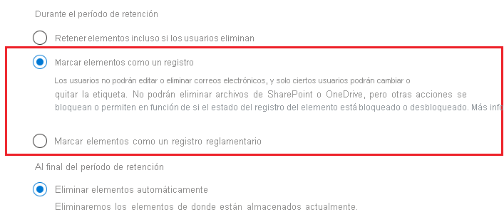 Un administrador puede elegir que los elementos se marquen como registros cuando configura una directiva.