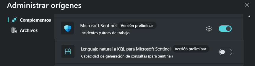 Captura de pantalla que muestra los complementos de Microsoft Sentinel.