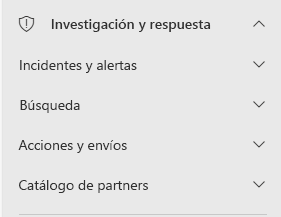 Recorte de pantalla del portal de Microsoft Defender en la que se muestran las selecciones disponibles para la investigación y la respuesta. Son incidentes y alertas, búsqueda, acciones y entregas, y catálogo de partners.