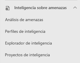 Recorte de pantalla de las opciones seleccionables para la inteligencia sobre amenazas en el panel de navegación izquierdo del portal de Microsoft Defender.