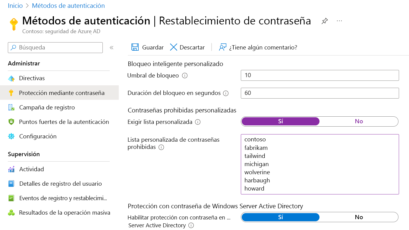 Captura de pantalla que muestra una pantalla de configuración para configurar una lista personalizada de contraseñas prohibidas.