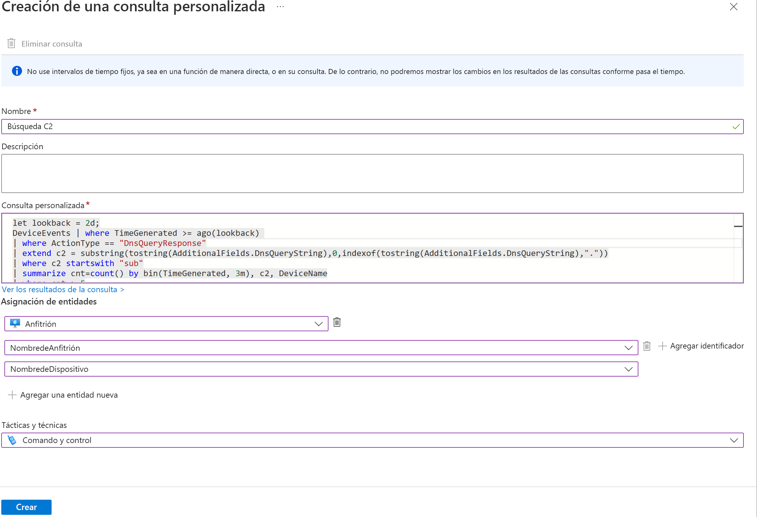 Página para crear una consulta personalizada en Microsoft Sentinel