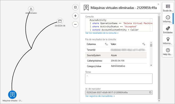 Captura de pantalla de la página del grafo de investigación de un incidente de máquina virtual eliminada.