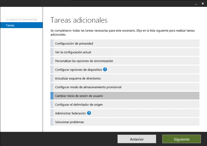 Screenshot of the Microsoft Entra Connect Tasks screen when you can select how users sign into Microsoft Entra ID after the on-premises connection is made.