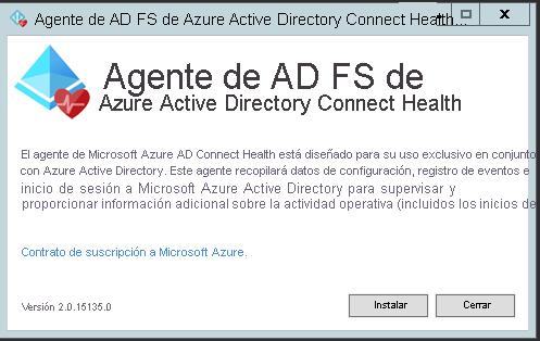 Screenshot of the installation window for the Azure Microsoft Entra Connect Health AD FS agent.