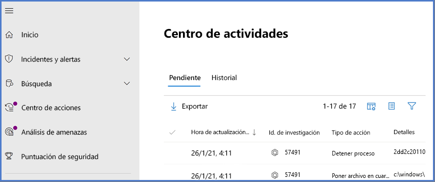 Screenshot of the Microsoft Defender XDR Action center.