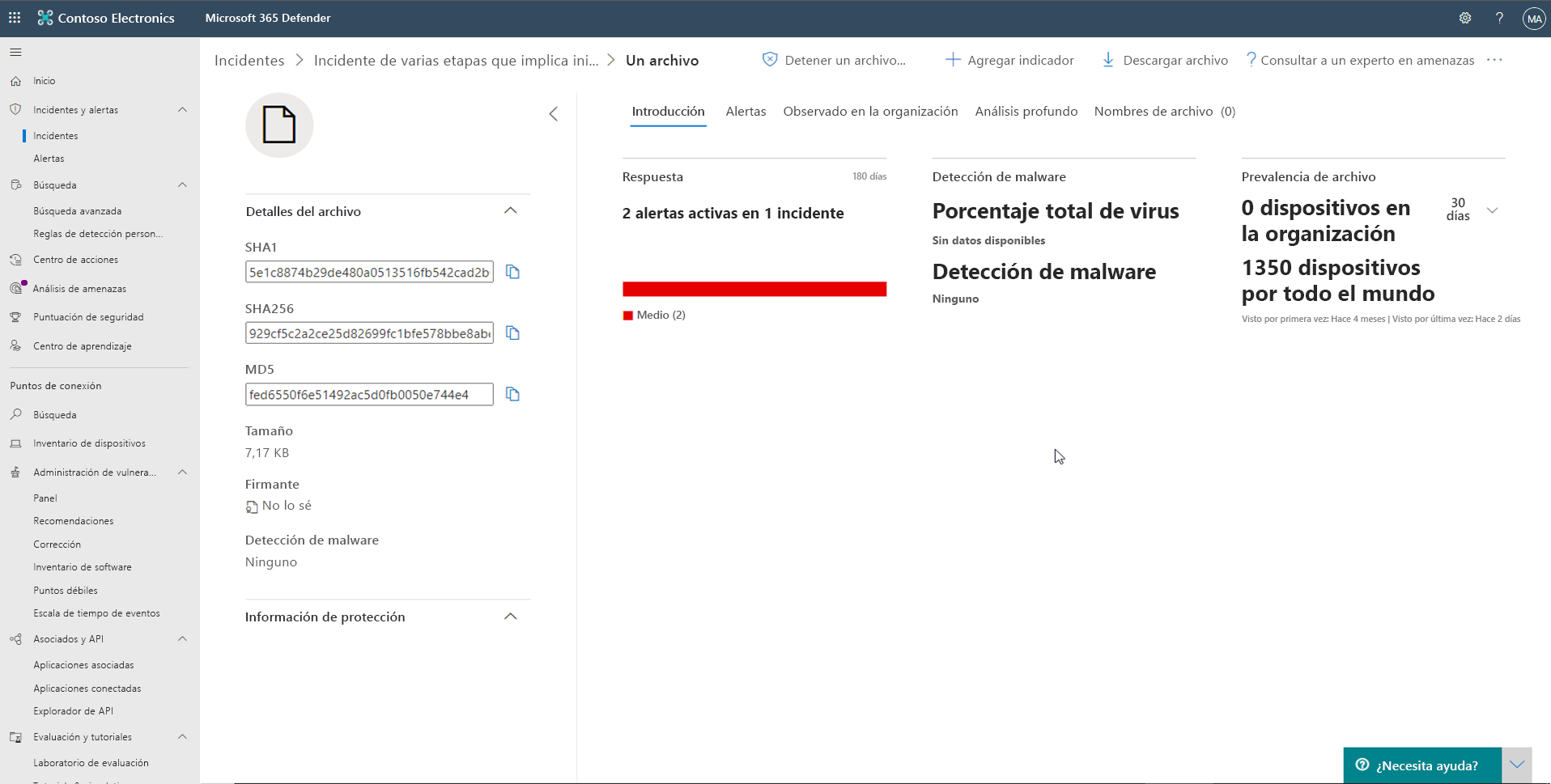 Captura de pantalla de la información de la página Archivo de Microsoft Defender para punto de conexión.