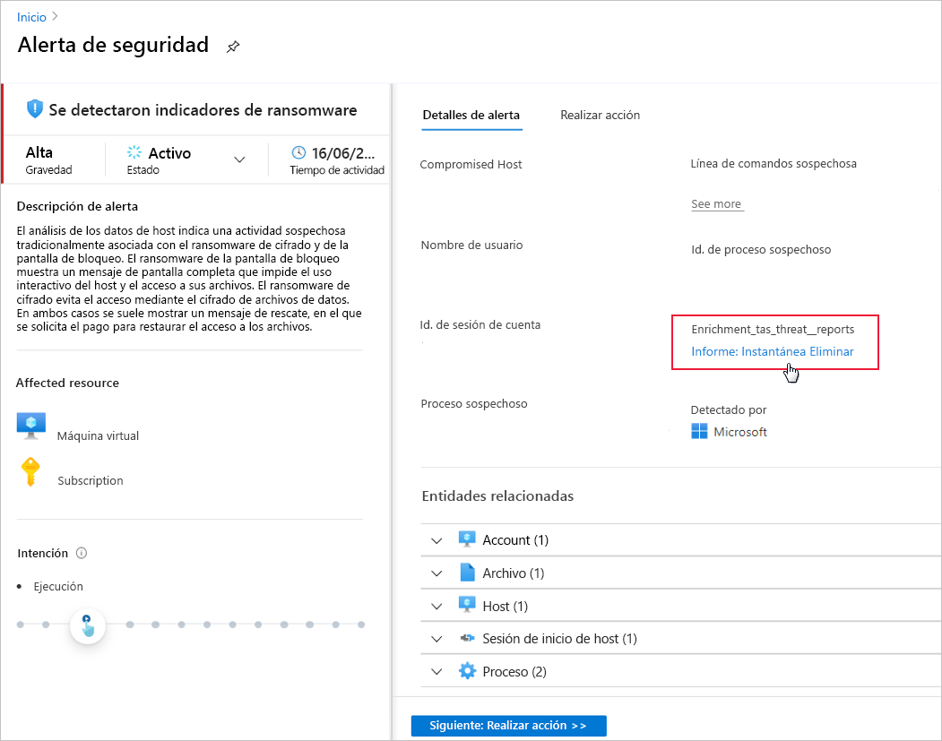 Screenshot of Defender for Cloud ransomware indicators detected link to threat intel report.