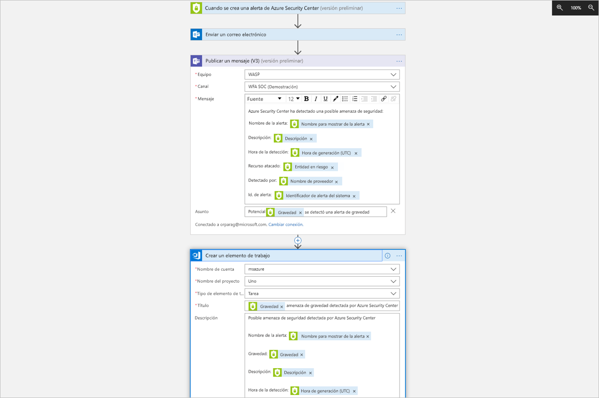 Screenshot of the Logic App U I and a sample logic app.