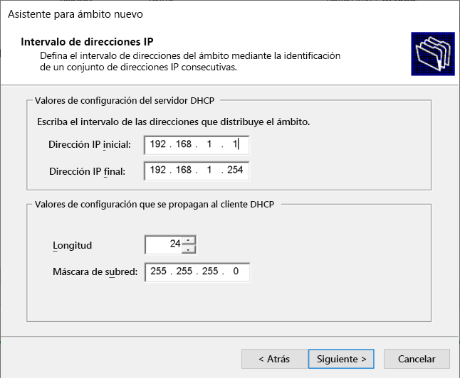 A screenshot of the New Scope Wizard. The administrator has entered a range of IP addresses for a scope on the IP Address Range page.