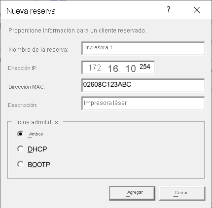 A screenshot of the New Reservation dialog box. The administrator has added the required details as described in the following text.