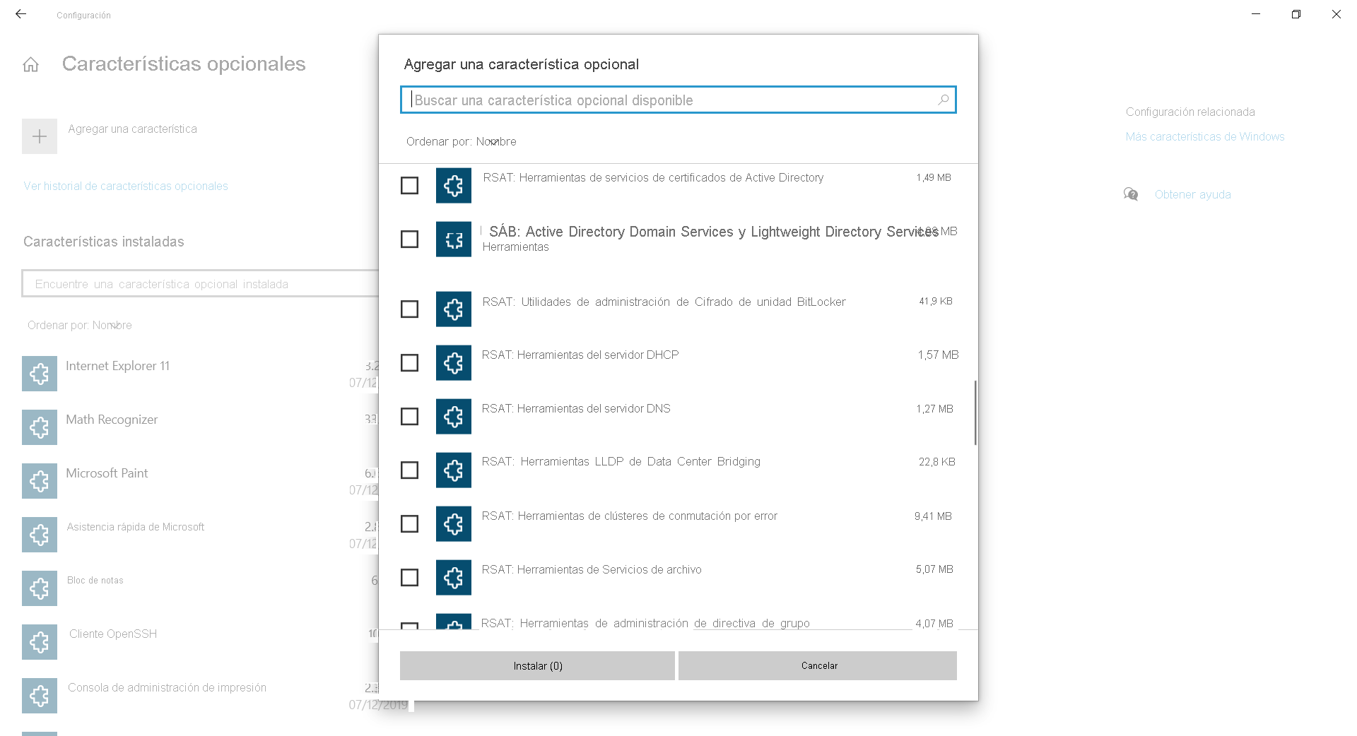 A screenshot of the Add an optional feature dialog box. Displayed are a list of RSAT tools.