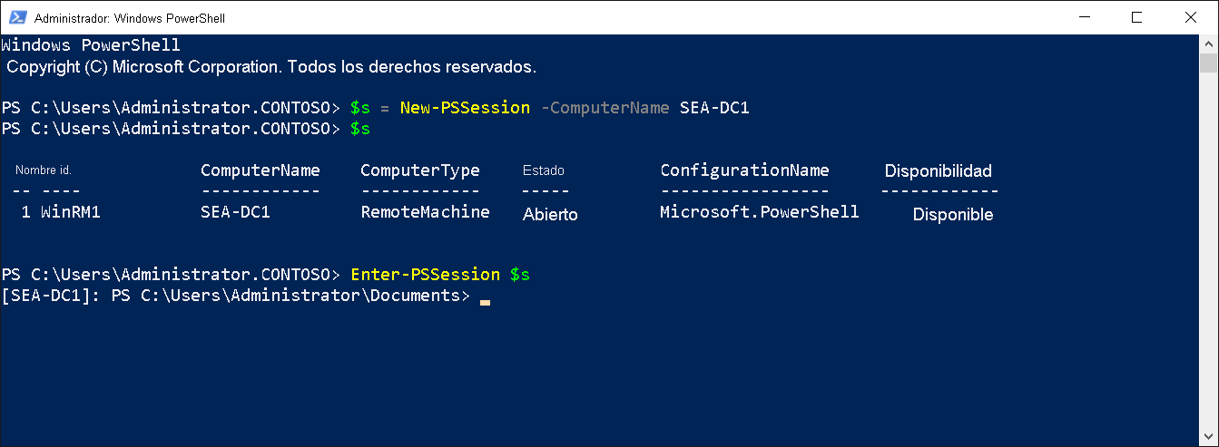 Captura de pantalla del cuadro de diálogo Administrador: Windows PowerShell ISE. El administrador se ha conectado de forma remota a SEA-DC1.