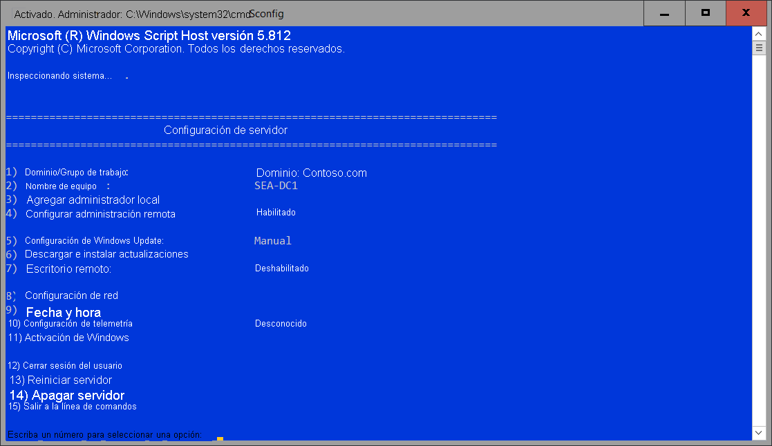 A screenshot of Sconfig in an elevated Command Prompt window. Available options are described in the following table.