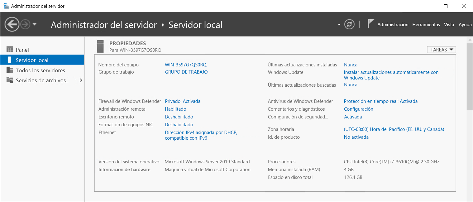 A screenshot of the Local Server pane in Server Manager. Displayed are the options that must be configured, as described in the preceding section of this unit.